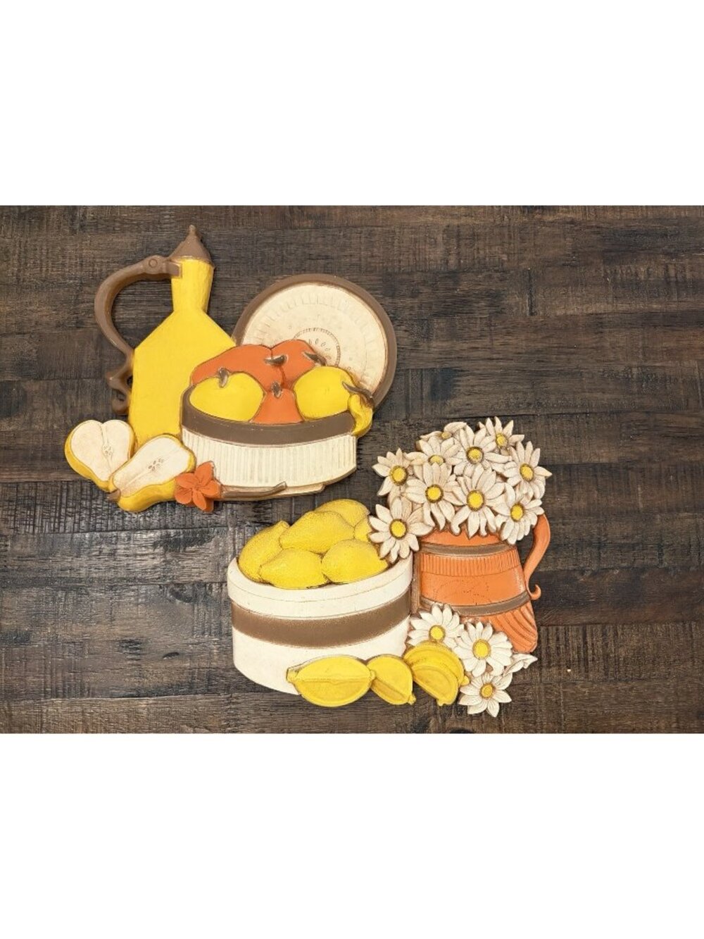 Retro 1980's Kitsch Decor Kitchen Pair Wall Plaques HOMCO SYROCO Fruit Flowers